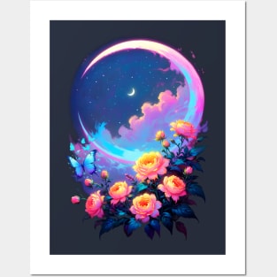 Moon and Flowers in Dreamland Posters and Art